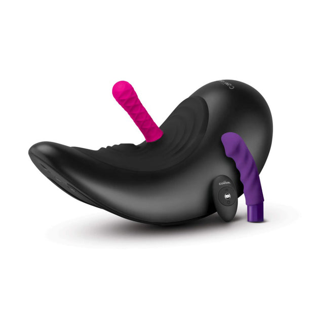 Cowgirl Saddle sex machine shown with vibrating and thrusting attachments