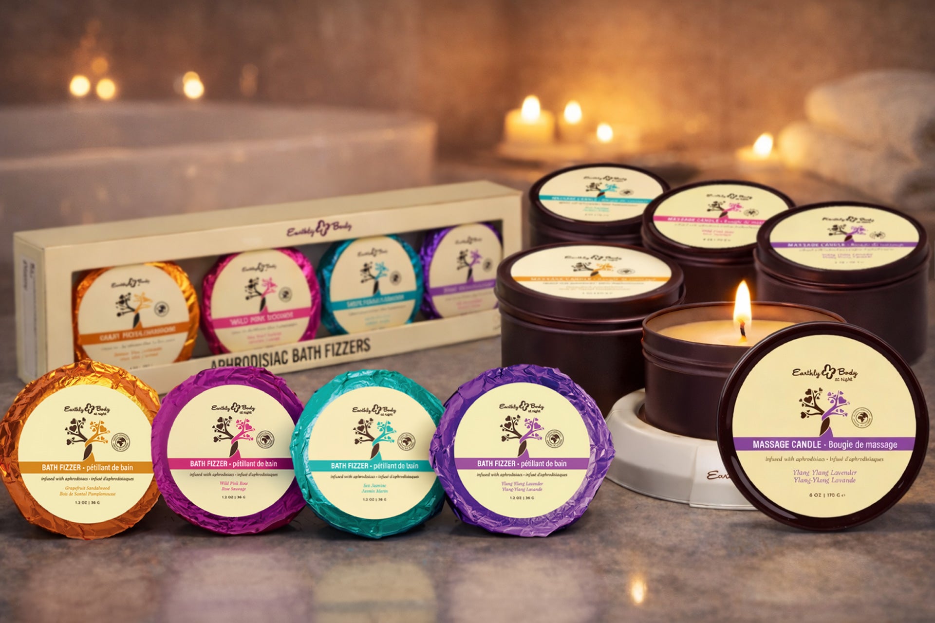 Earthly Body Aphrodisiac PrePack candles bath fizzers gift set