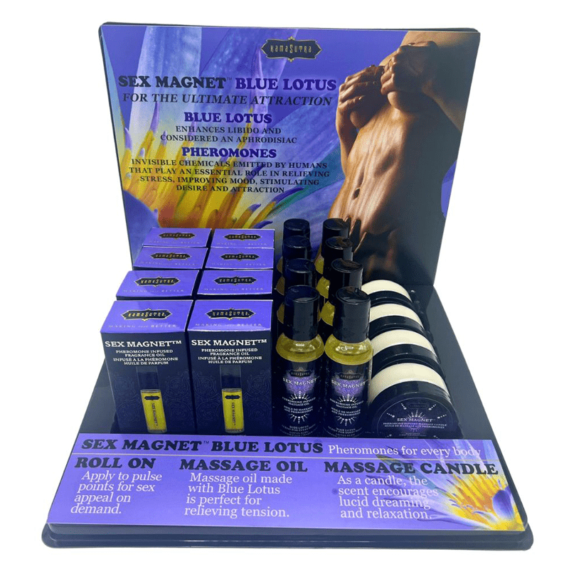Blue lotus prepack display with 20 units, easel, and shelf talker